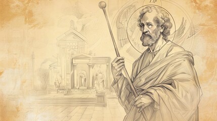 Fototapeta premium Biblical Illustration of St. Jude Thaddeus Holding Club in 1st-Century Church, Beige Background, Copyspace