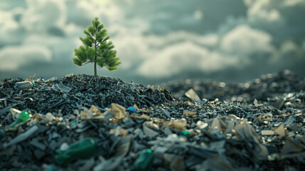 A lone pine tree growing on a pile of plastic waste.