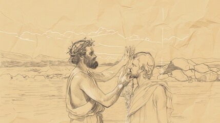 Biblical Illustration of St. John the Baptist Baptizing Jesus in Jordan River, Rugged Appearance and Staff, Beige Background, Copyspace