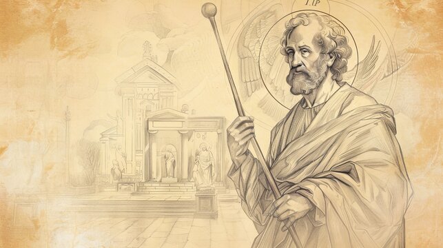 Biblical Illustration of St. Jude Thaddeus Holding Club in 1st-Century Church, Beige Background, Copyspace