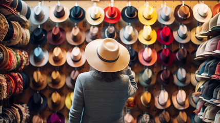Woman Browsing Hat Collection in Store