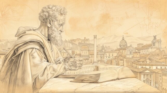 Biblical Illustration of St. Gregory the Great Writing in Ancient Rome, Beige Background, Copyspace