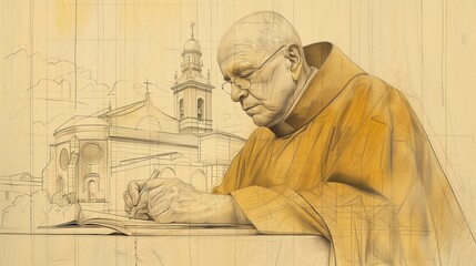 Fototapeta premium Biblical Illustration of St. Josemaría Escrivá Writing in 20th-Century Spanish Church, Beige Background, Copyspace