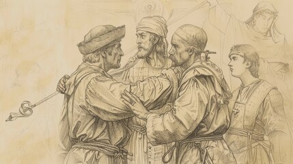 Fototapeta premium Biblical Illustration of St. Florian of Lorch in Martyrdom in 3rd-Century Austria, Beige Background, Copyspace