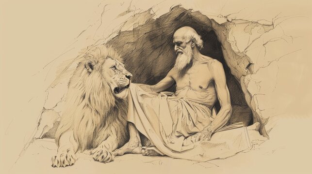 Biblical Illustration of St. Jerome Translating the Bible in Cave with Lion, Symbolizing Scholarly and Ascetic Life, Beige Background, Copyspace
