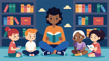 In the midst of a bustling school library a calm and serene story time takes place in a quiet corner capturing the attention of curious young minds.. Vector illustration