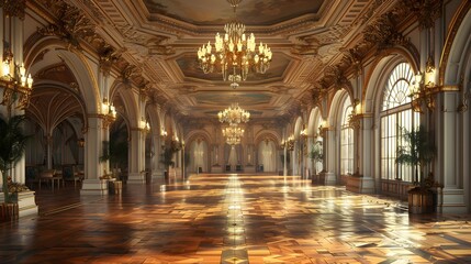 A large, ornate room with a chandelier hanging from the ceiling