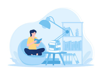 A woman studying in a study room with books and a study lamp concept flat illustration