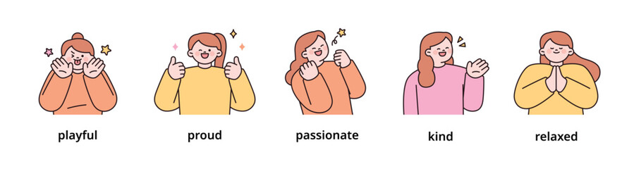 Positive emotion expression set-4. women upper body character. outline vector illustration.