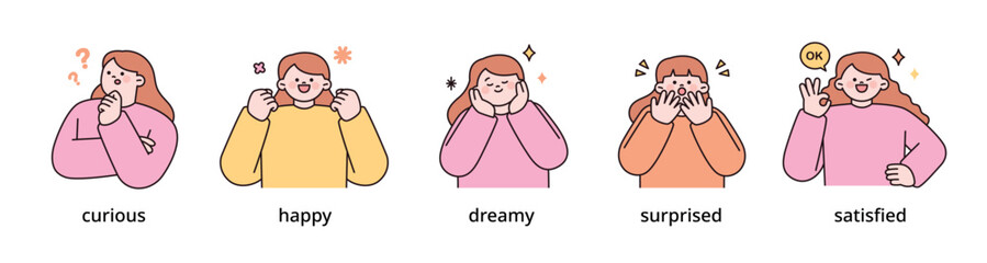 Positive emotion expression set-6. women upper body character. outline vector illustration.