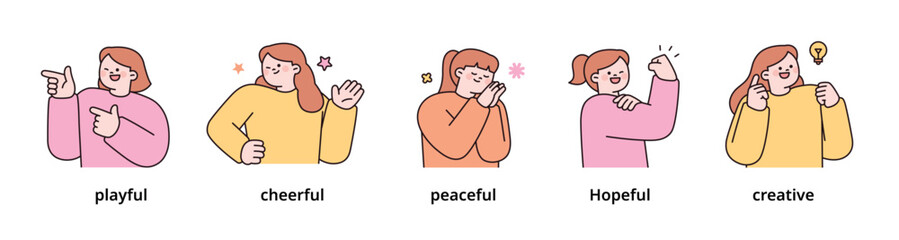 Positive emotion expression set-4. women upper body character. outline vector illustration.