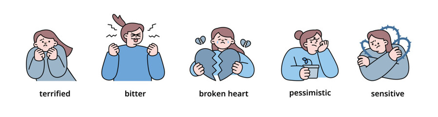 Negative emotion expression set-1. women upper body character. outline vector illustration.