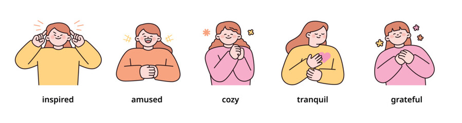 Positive emotion expression set-3. women upper body character. outline vector illustration.