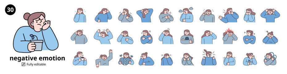 Negative emotion expression mega set. women upper body character. outline vector illustration.