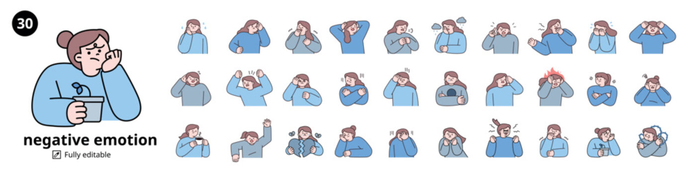 Negative emotion expression mega set. women upper body character. outline vector illustration.