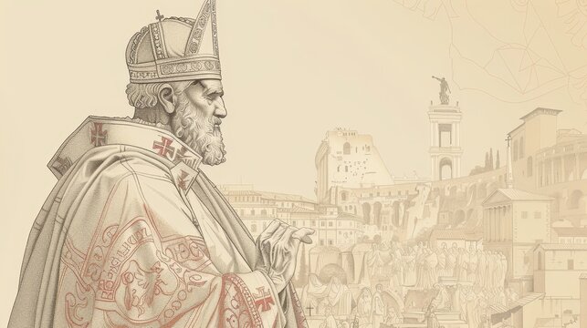 Biblical Illustration of St. Fabian in Papal Robes in Ancient Rome, Beige Background, Copyspace