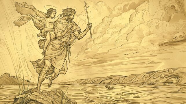 Biblical Illustration of St. Christopher Carrying Christ Child Across River on Stormy Night, Beige Background, Copyspace