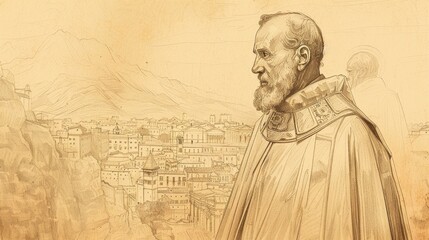 Fototapeta premium Biblical Illustration of St. Eusebius of Vercelli in Bishop's Robes in 4th-Century Italian City, Beige Background, Copyspace