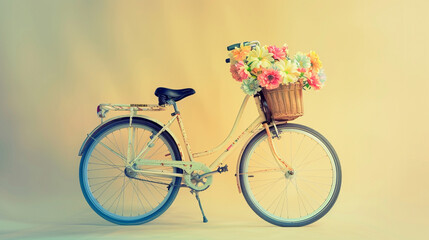 A leisure bicycle with a front basket lightly filled with colorful blooms, presented against a charming deep light yellow background.
