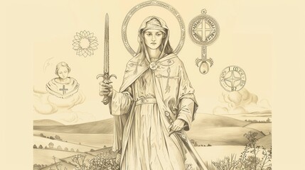 Biblical Illustration of St. Dymphna Holding Sword and Lamp in Irish Countryside with Mental Health Symbols, Beige Background, Copyspace
