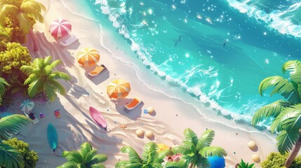 Cheerful scene transports you to a perfect beach day. Bright sand shimmers under a clear sky, the water sparkles like sapphires, and colorful umbrellas and surfboards add a touch of playful charm