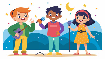 Children and adults alike took turns showcasing their talents at the neighborhood open mic night proving that creativity knows no age limit.. Vector illustration