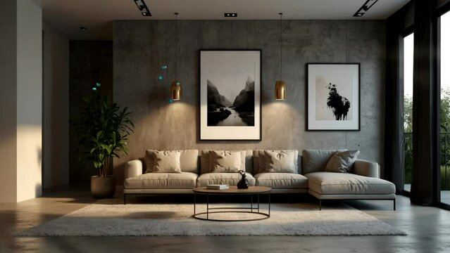 Modern living room with flower plants in pots and butterflies