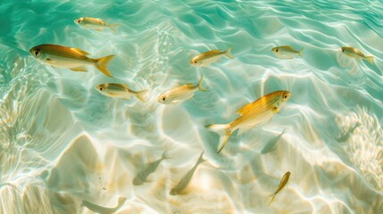 Schooling fish swimming above white sand