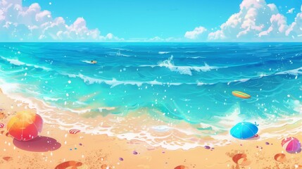 Obraz premium Bright sand leads to sparkling blue water, while colorful umbrellas and surfboards promise a day filled with laughter and unforgettable beach memories
