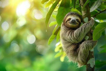 Fototapeta premium A Detailed Glimpse of a Sloth’s Life Amongst Forest Leaves