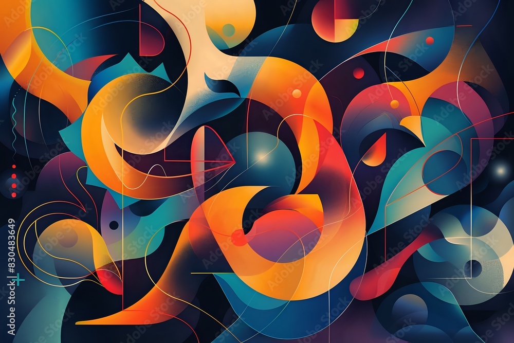 Poster colorful abstract composition with overlapping curves and vivid hues