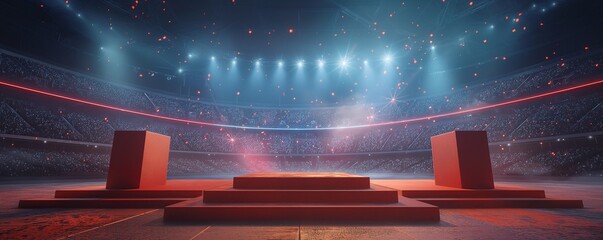 Red Olympic Podiums on a Track in a Stadium with Spectators and Mountainous Backdrop, Capturing the Spirit of Athletic Achievement.