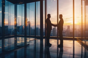 Successful business deal captured with two businessmen shaking hands in a sleek office, embodying partnership and achievement