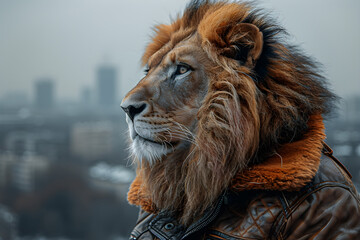 Fototapeta premium Majestic Lion in Urban Setting Wearing Jacket on a Foggy Day