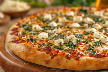 Spinach and Feta Pizza with garlic-infused olive oil, fresh spinach, and crumbled feta cheese.
