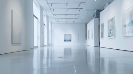 A pristine white gallery space with minimalist decor and soft lighting, providing an ideal setting for showcasing artwork and creative installations.