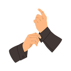 Hands of man with basic nail design isolated on a white background. Male manicure concept. Man fastening cufflinks. Elegance male daily routine. Non-colors manicure, trendy nails. Vector illustration.