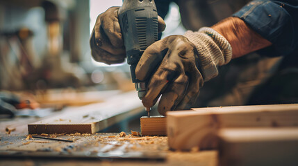 A man is using a drill to make a hole in a piece of wood