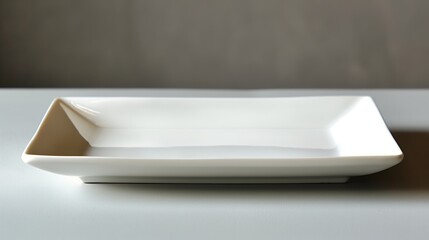 Elegant white rectangular serving dish on a smooth gray table.