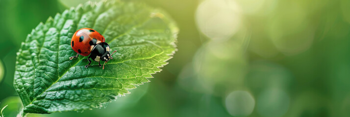 Ladybug sitting on a leaf of green plant - Powered by Adobe