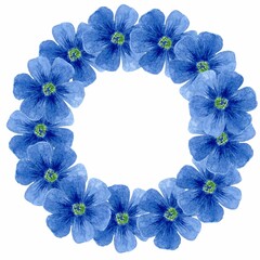 Wreath of blue flax flowers. Watercolor hand drawn illustration on white background. Healthy food, diet and cosmetic products. Template for design textiles, printing, packaging.