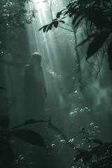 Ghostly Apparition in a Foggy Forest: A Hauntingly Beautiful Encounter Under the Moonlight in an Ethereal Landscape