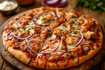 BBQ Ranch Chicken Pizza with barbecue sauce, ranch dressing, grilled chicken, and red onions.