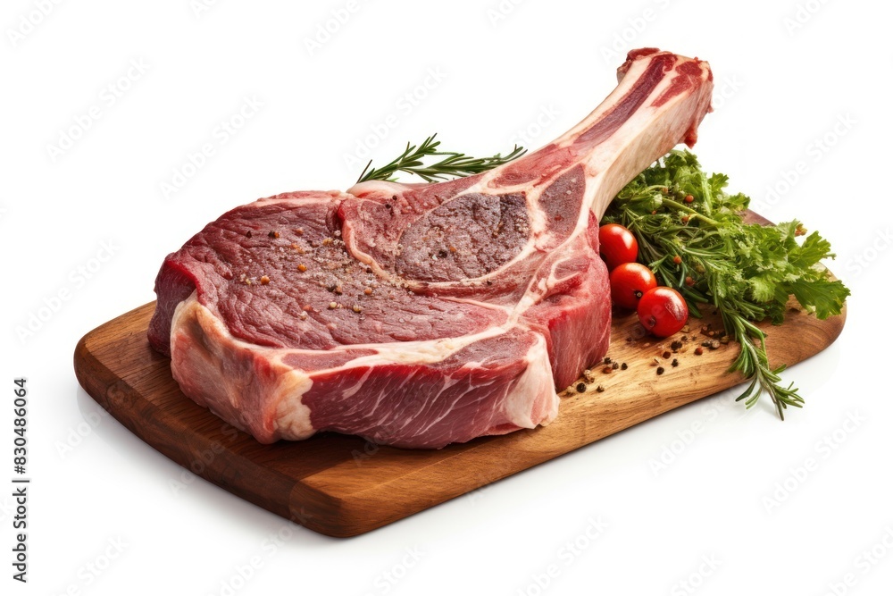 Poster fresh raw tomahawk beef steak meat food.