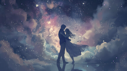 Obraz premium A couple is standing in the sky, surrounded by clouds and stars
