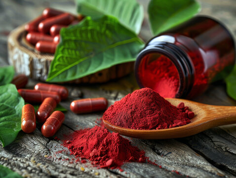 Antiaging benefits of Astaxanthin for reduced signs of aging. Red powder capsules and leaves on a wooden surface.  The image promotes natural health and wellness.