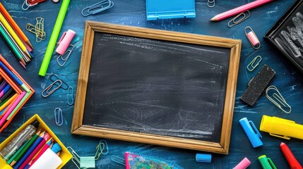 Frame of school supplies including crayons, glue sticks, sticky notes, and chalk, laid out in a flat lay style around a blackboard with ample room for text or design in the center.