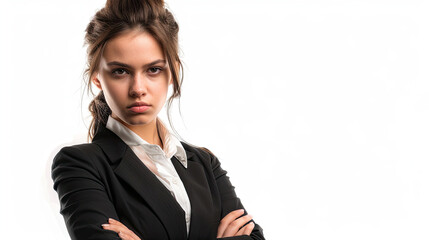 Portrait of a determined young businesswoman with hands on hips, exuding confidence and professionalism in a black suit against a white background for versatile corporate and motivational uses