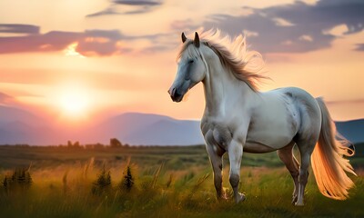 Albino horse accented by the setting sun mane and tail fluttering subtly in the breeze, Ai generated