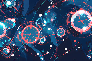 A blue and red background with many clocks on it, time traveler.